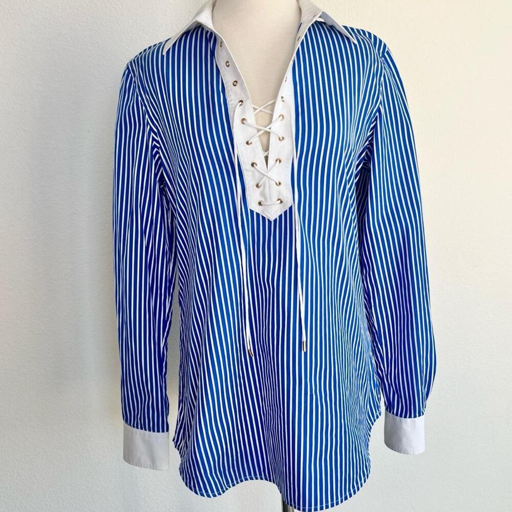Lauren Ralph Lauren Shirt Blue White Striped Lace Up 100% Cotton Women's Medium